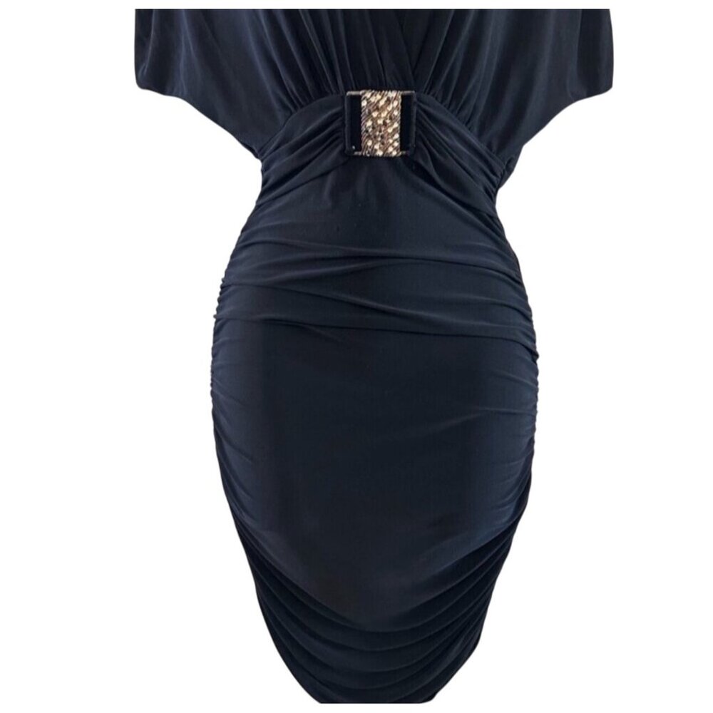 Sabora Black Ruched Belted V-Neck Dress Size M - Picture 8 of 10